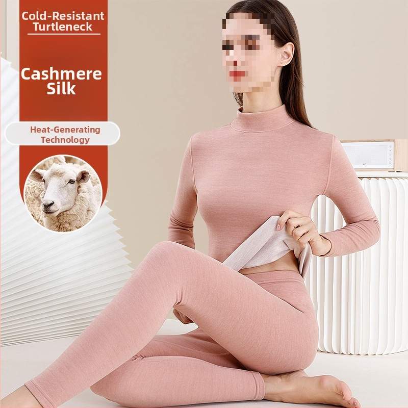 Dámsky vlnený termálny set spodného prádla - vysoký golier, dlhé rukávy, jednobarevný vzor, vlnená látka, japonsko-kórejský voľný štýl