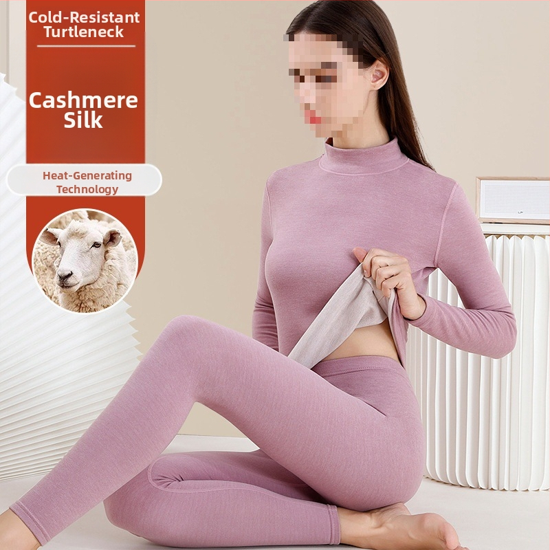 Dámsky vlnený termálny set spodného prádla - vysoký golier, dlhé rukávy, jednobarevný vzor, vlnená látka, japonsko-kórejský voľný štýl