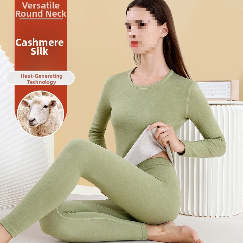 Dámsky vlnený termálny set spodného prádla - vysoký golier, dlhé rukávy, jednobarevný vzor, vlnená látka, japonsko-kórejský voľný štýl