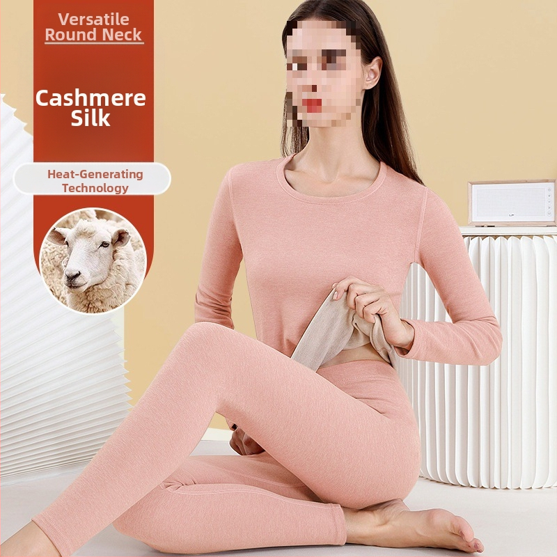 Dámsky vlnený termálny set spodného prádla - vysoký golier, dlhé rukávy, jednobarevný vzor, vlnená látka, japonsko-kórejský voľný štýl