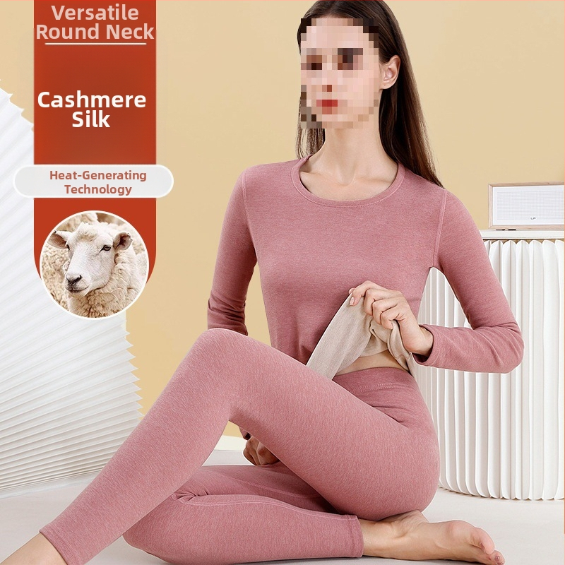 Dámsky vlnený termálny set spodného prádla - vysoký golier, dlhé rukávy, jednobarevný vzor, vlnená látka, japonsko-kórejský voľný štýl