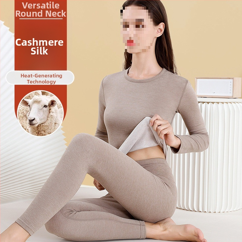 Dámsky vlnený termálny set spodného prádla - vysoký golier, dlhé rukávy, jednobarevný vzor, vlnená látka, japonsko-kórejský voľný štýl