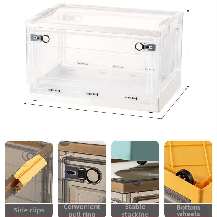 Διαφανές κουτί αποθήκευσης βιβλίων με τρεις πόρτες και ρόδες, πτυσσόμενο, PP+ABS, χωρητικότητα 70–80 L, καπάκι με κλικ