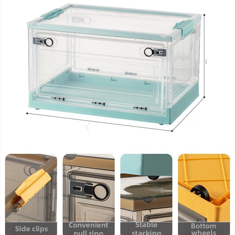 Διαφανές κουτί αποθήκευσης βιβλίων με τρεις πόρτες και ρόδες, πτυσσόμενο, PP+ABS, χωρητικότητα 70–80 L, καπάκι με κλικ