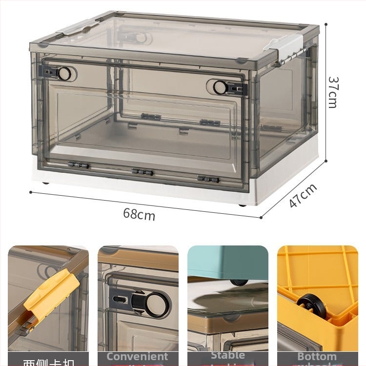 Διαφανές κουτί αποθήκευσης βιβλίων με τρεις πόρτες και ρόδες, πτυσσόμενο, PP+ABS, χωρητικότητα 70–80 L, καπάκι με κλικ