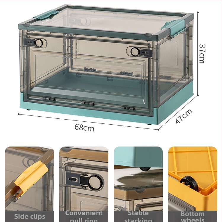 Διαφανές κουτί αποθήκευσης βιβλίων με τρεις πόρτες και ρόδες, πτυσσόμενο, PP+ABS, χωρητικότητα 70–80 L, καπάκι με κλικ