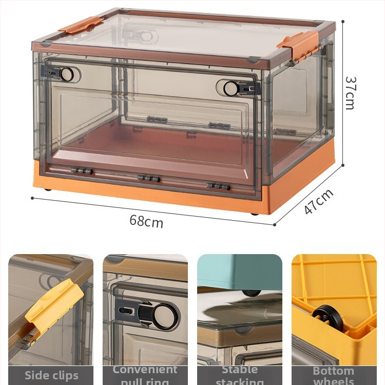 Διαφανές κουτί αποθήκευσης βιβλίων με τρεις πόρτες και ρόδες, πτυσσόμενο, PP+ABS, χωρητικότητα 70–80 L, καπάκι με κλικ