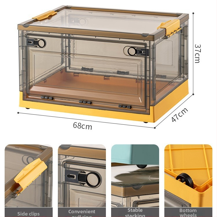 Διαφανές κουτί αποθήκευσης βιβλίων με τρεις πόρτες και ρόδες, πτυσσόμενο, PP+ABS, χωρητικότητα 70–80 L, καπάκι με κλικ