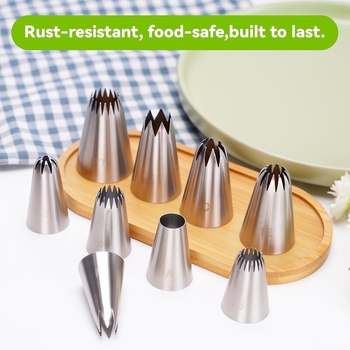 Set de 9 vârfuri de decorare din oțel inoxidabil 304, fără sudură, pentru decorarea torturilor și fursecurilor, vârf cu model de roză