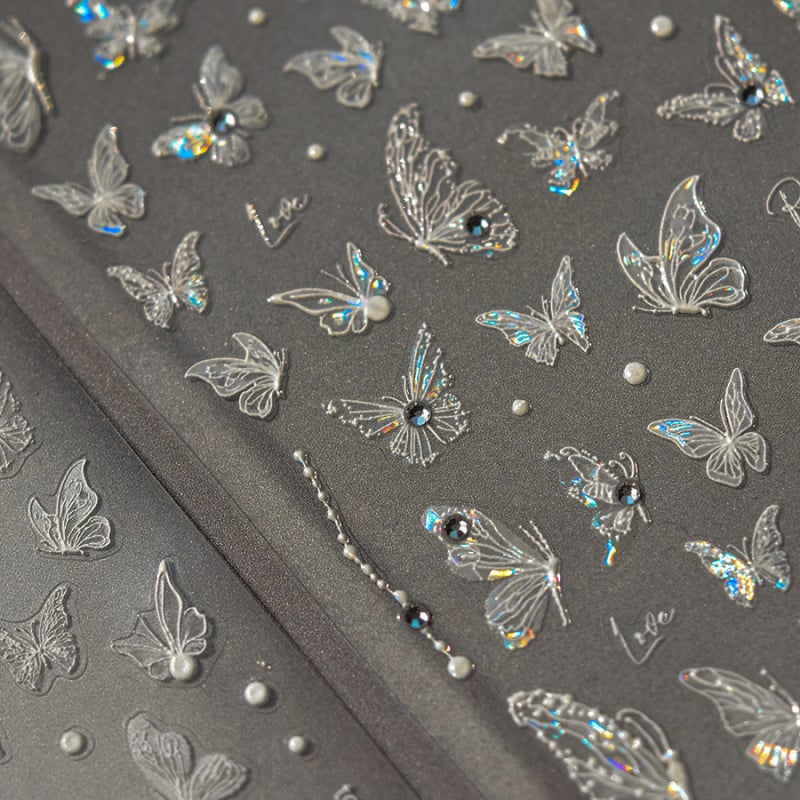 3D αυτοκόλλητα νυχιών με πεταλούδα και ανάγλυφο, με αυτοκόλλητη βάση, ιριδίζουσα λάμψη