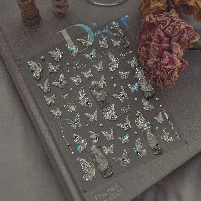 3D αυτοκόλλητα νυχιών με πεταλούδα και ανάγλυφο, με αυτοκόλλητη βάση, ιριδίζουσα λάμψη