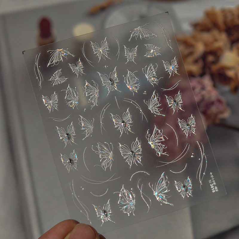 3D αυτοκόλλητα νυχιών με πεταλούδα και ανάγλυφο, με αυτοκόλλητη βάση, ιριδίζουσα λάμψη