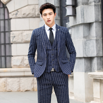 Κορεατικού στυλ ανδρικό κοστούμι τριών τεμαχίων για γάμο, στενή γραμμή, βασικό ύφασμα από ακέτα ίνες 90,3%, επίπεδο γιακά, κουμπί σε μία σειρά