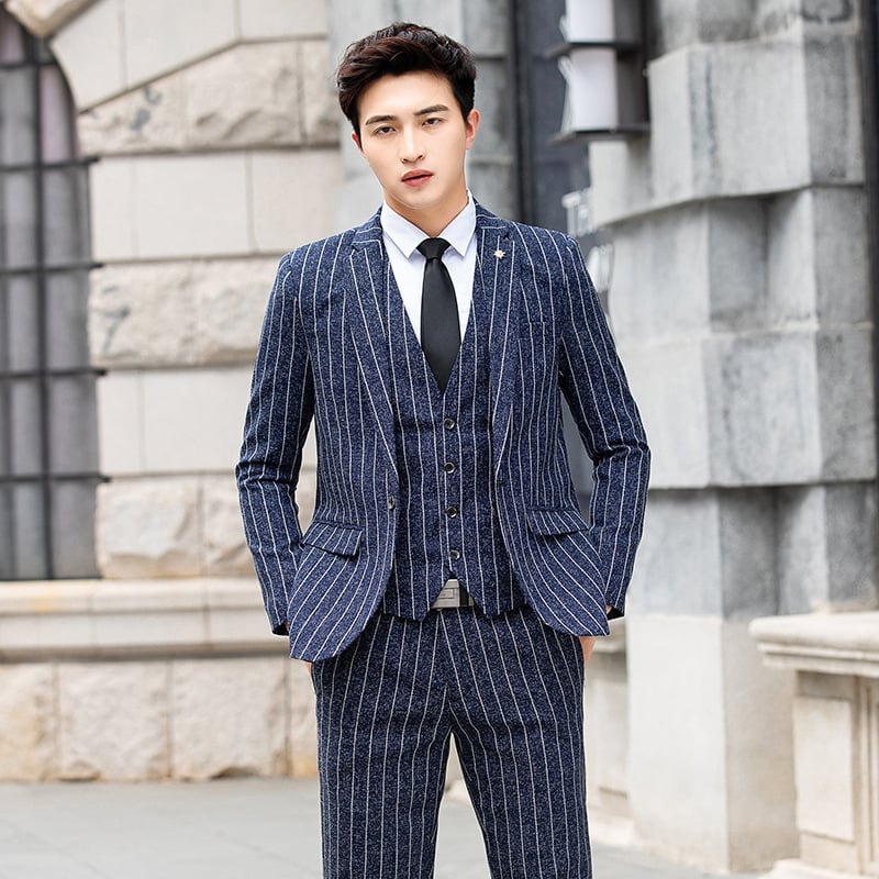 Κορεατικού στυλ ανδρικό κοστούμι τριών τεμαχίων για γάμο, στενή γραμμή, βασικό ύφασμα από ακέτα ίνες 90,3%, επίπεδο γιακά, κουμπί σε μία σειρά