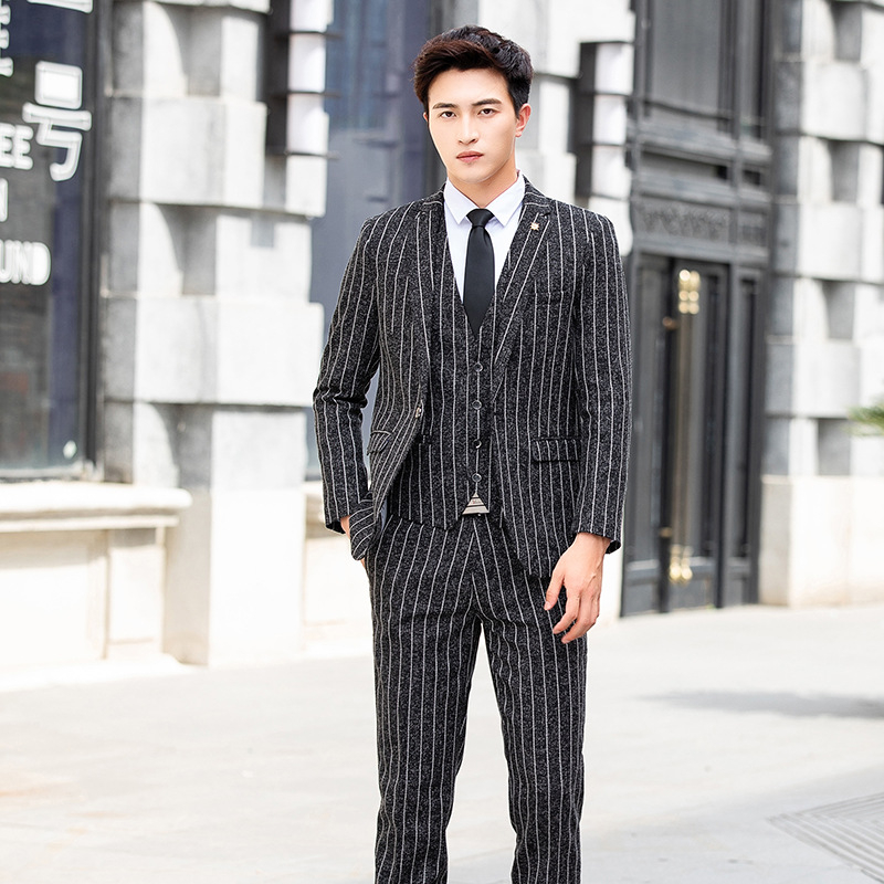 Κορεατικού στυλ ανδρικό κοστούμι τριών τεμαχίων για γάμο, στενή γραμμή, βασικό ύφασμα από ακέτα ίνες 90,3%, επίπεδο γιακά, κουμπί σε μία σειρά