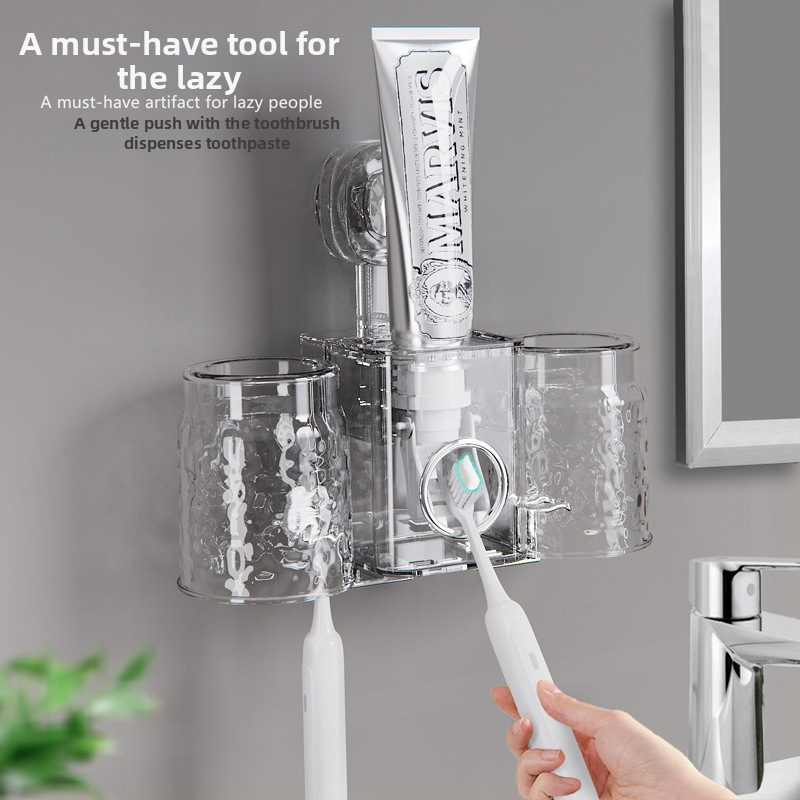 Fogkefetartó falra szerelhető szívókapcsos – PET anyag, fúrás nélkül, fogkrém adagoló és pohár tároló