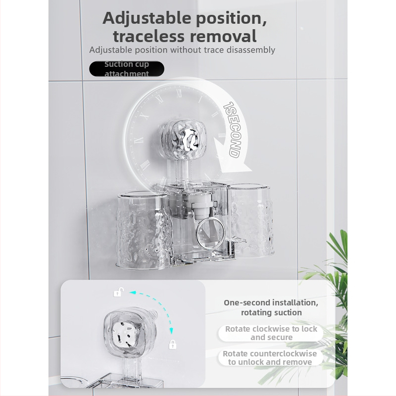 Fogkefetartó falra szerelhető szívókapcsos – PET anyag, fúrás nélkül, fogkrém adagoló és pohár tároló