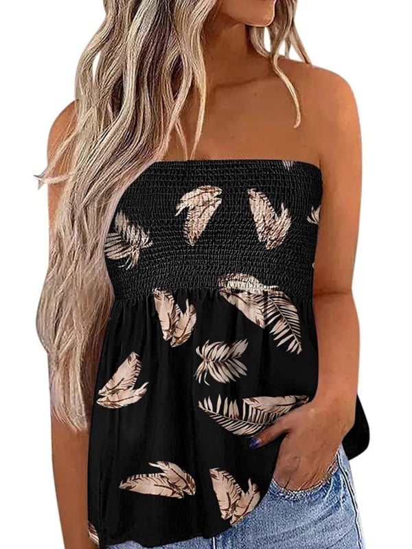 Csőtop váll nélküli virágos mintával, poliészter és spandex anyag, magas elasztikusság