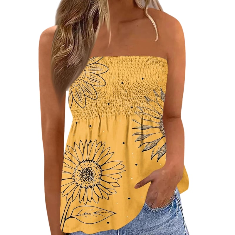 Csőtop váll nélküli virágos mintával, poliészter és spandex anyag, magas elasztikusság