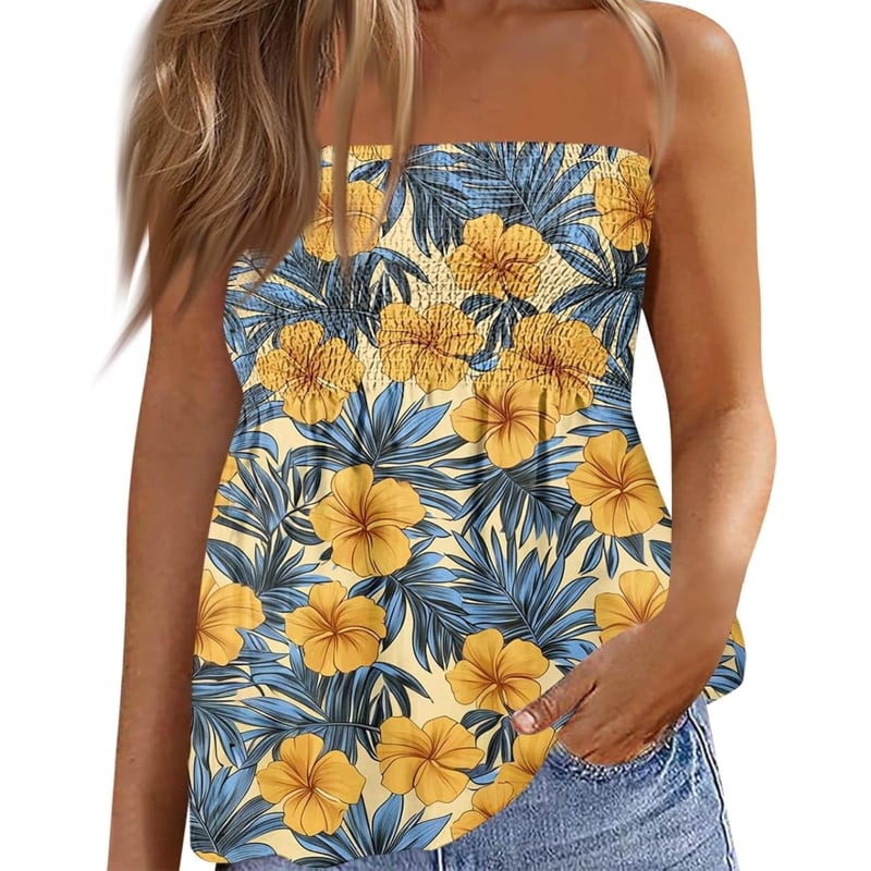 Csőtop váll nélküli virágos mintával, poliészter és spandex anyag, magas elasztikusság