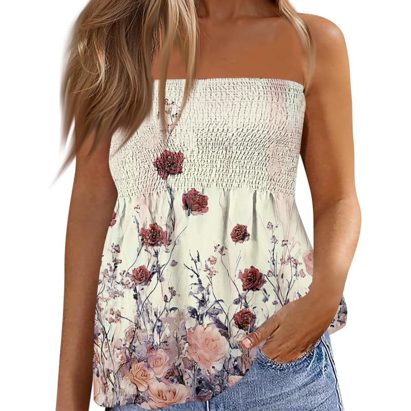 Csőtop váll nélküli virágos mintával, poliészter és spandex anyag, magas elasztikusság