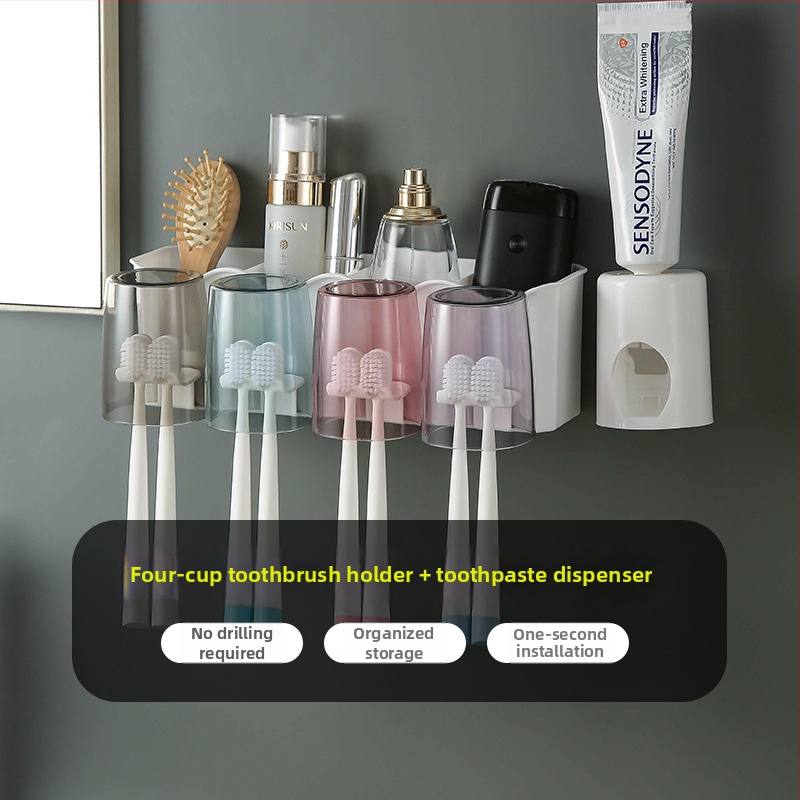 Fogkefetartó beépített rögzítéssel — PP+PS, fúrás nélküli telepítés, tárolás és fogkrém kinyomása, testreszabás elérhető