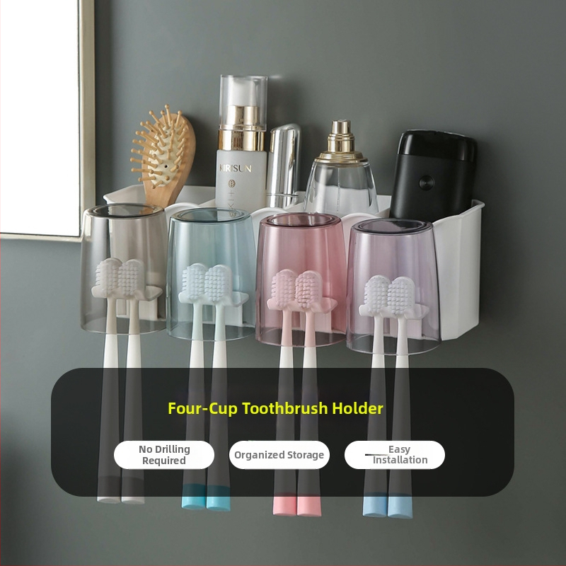 Fogkefetartó beépített rögzítéssel — PP+PS, fúrás nélküli telepítés, tárolás és fogkrém kinyomása, testreszabás elérhető