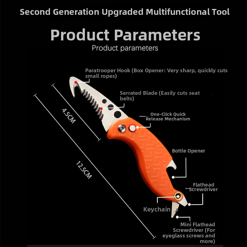 Skladaný viacúčelový outdoor nôž s funkciou otvárania krabíc — čepeľ z nehrdzavejúcej ocele, dĺžka 2.8, šírka 12; použitie: otváranie krabíc, prežitie pri kempe, záchrana pri aute