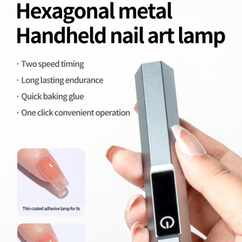 Kit cu stickere pentru unghii gel cu lampă LED de fototerapie - portabil, corp metal hexagonal liniar, model: Touch hexagonal metal linear light, ambalaj OEM în cutie cadou