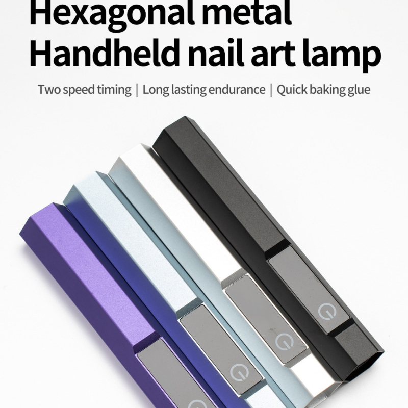 Kit cu stickere pentru unghii gel cu lampă LED de fototerapie - portabil, corp metal hexagonal liniar, model: Touch hexagonal metal linear light, ambalaj OEM în cutie cadou