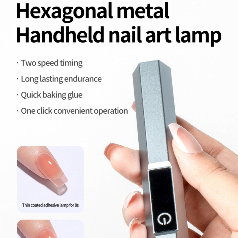 Kit cu stickere pentru unghii gel cu lampă LED de fototerapie - portabil, corp metal hexagonal liniar, model: Touch hexagonal metal linear light, ambalaj OEM în cutie cadou