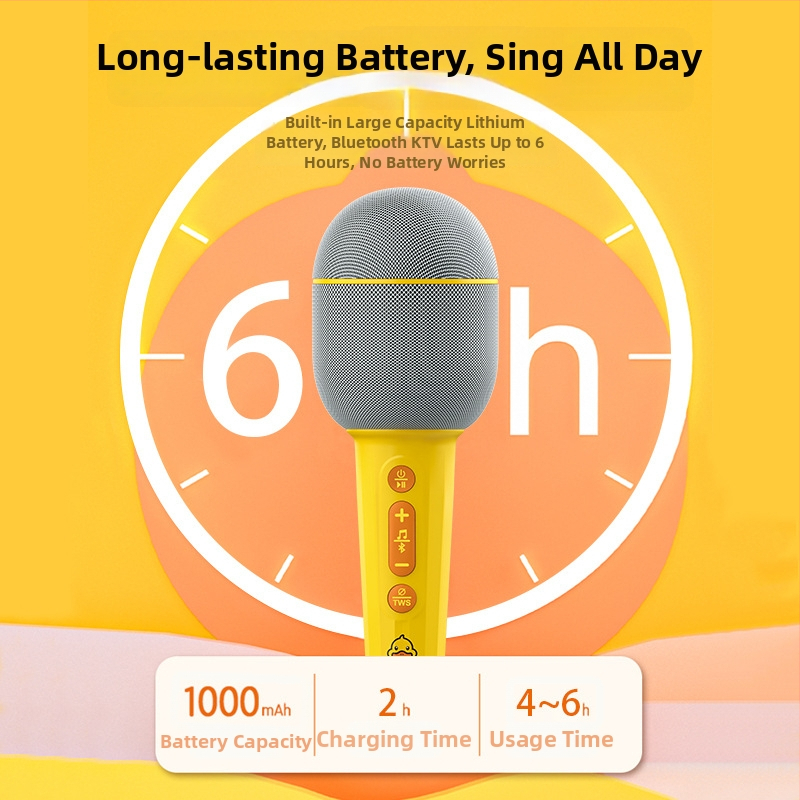 Microfon wireless cu difuzor încorporat pentru karaoke acasă, Bluetooth 5.0; baterie încorporată 800–1000 mAh; autonomie 6–8 ore; răspuns în frecvență 20 Hz–20 kHz; SNR ≥85 dB