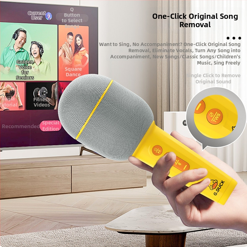 Microfon wireless cu difuzor încorporat pentru karaoke acasă, Bluetooth 5.0; baterie încorporată 800–1000 mAh; autonomie 6–8 ore; răspuns în frecvență 20 Hz–20 kHz; SNR ≥85 dB