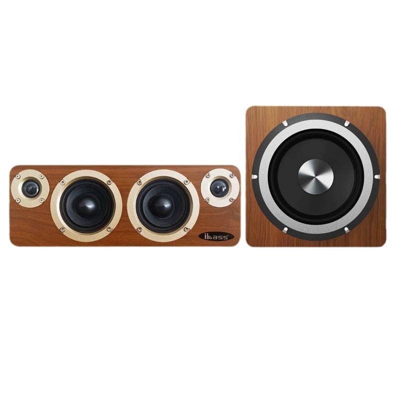 Sistem de boxe Bluetooth din lemn pentru desktop, cu 4 difuzoare + subwoofer, 60W, răspuns în frecvențe 55Hz–18.5kHz, SNR ≥95dB, Bluetooth 5.0, rază de 10m, alimentare externă, telecomandă