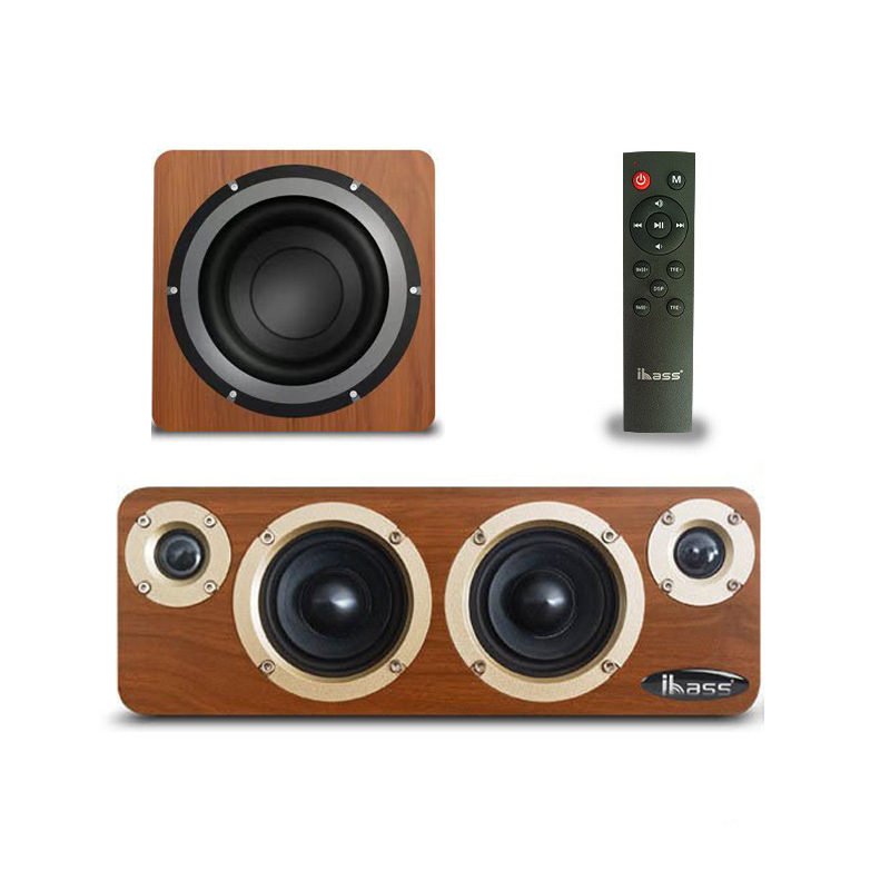 Sistem de boxe Bluetooth din lemn pentru desktop, cu 4 difuzoare + subwoofer, 60W, răspuns în frecvențe 55Hz–18.5kHz, SNR ≥95dB, Bluetooth 5.0, rază de 10m, alimentare externă, telecomandă