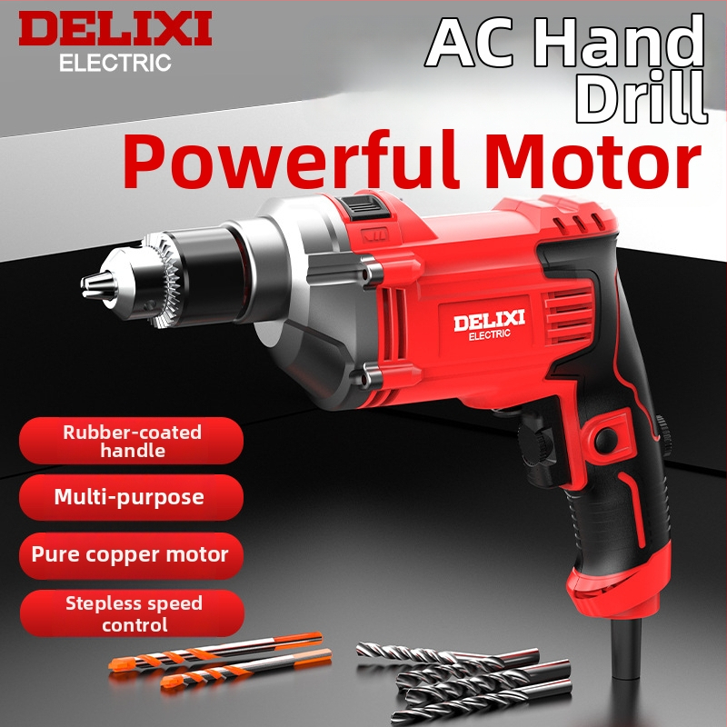 Delixi Electric 220V kézi fúró – sokoldalú, háromtagú tokmány, kefés motor, állítható sebesség, előre/hátra, fa, fém, üveg és kő