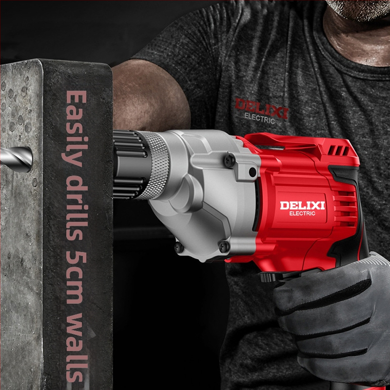 Delixi Electric 220V kézi fúró – sokoldalú, háromtagú tokmány, kefés motor, állítható sebesség, előre/hátra, fa, fém, üveg és kő