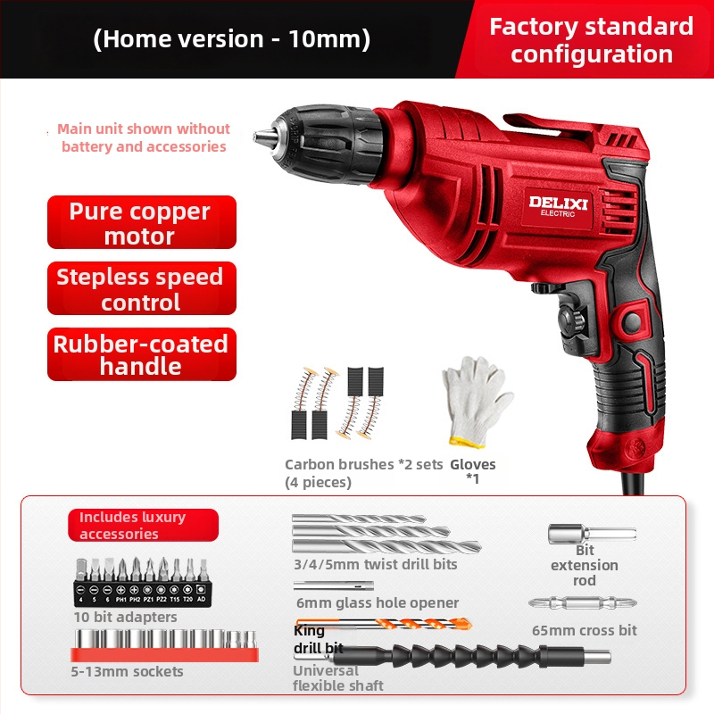 Delixi Electric 220V kézi fúró – sokoldalú, háromtagú tokmány, kefés motor, állítható sebesség, előre/hátra, fa, fém, üveg és kő