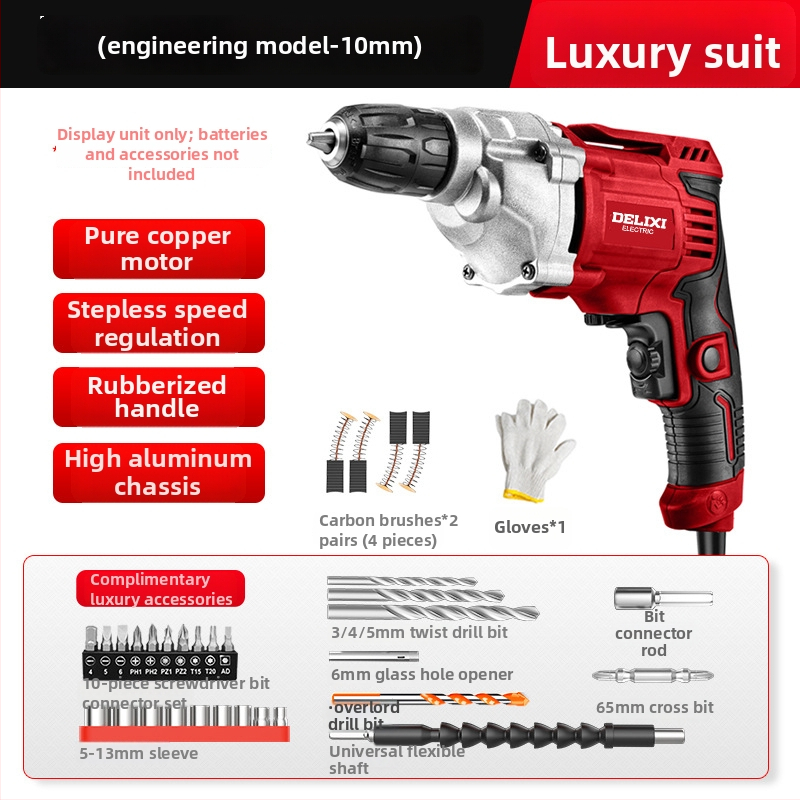 Delixi Electric 220V kézi fúró – sokoldalú, háromtagú tokmány, kefés motor, állítható sebesség, előre/hátra, fa, fém, üveg és kő