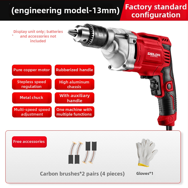 Delixi Electric 220V kézi fúró – sokoldalú, háromtagú tokmány, kefés motor, állítható sebesség, előre/hátra, fa, fém, üveg és kő