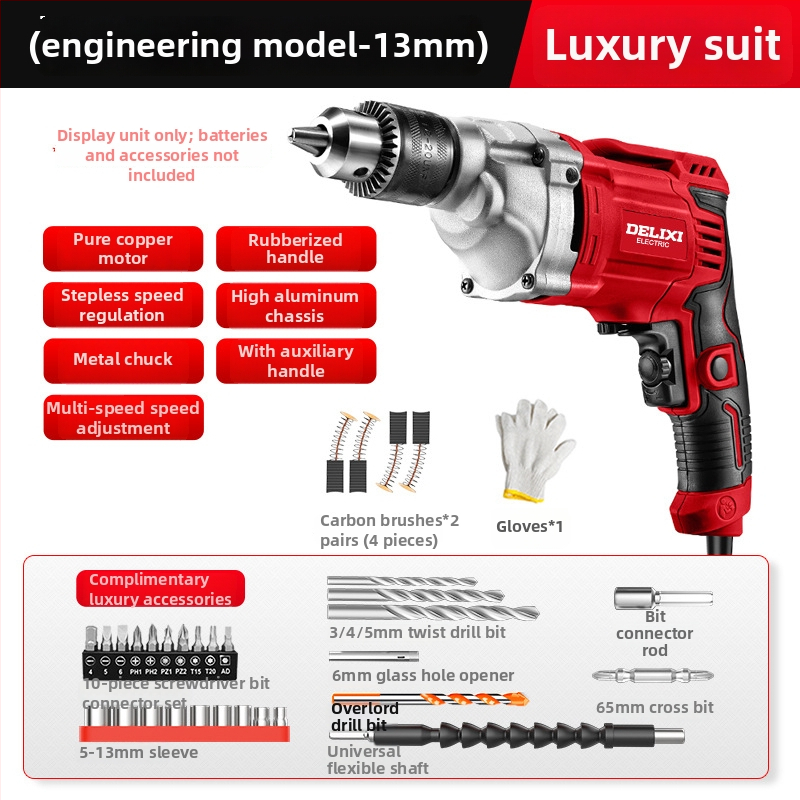 Delixi Electric 220V kézi fúró – sokoldalú, háromtagú tokmány, kefés motor, állítható sebesség, előre/hátra, fa, fém, üveg és kő