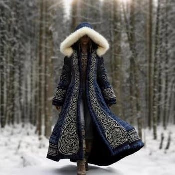 Palton de iarnă unisex cu glugă, guler rever, lungime peste 100 cm, imprimeu digital, buzunare laterale