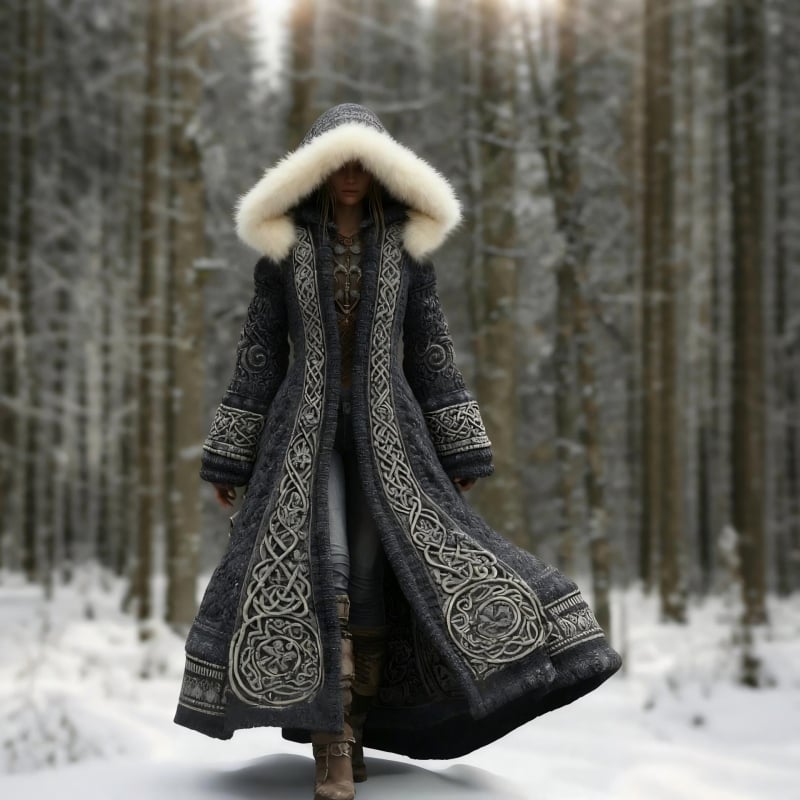 Palton de iarnă unisex cu glugă, guler rever, lungime peste 100 cm, imprimeu digital, buzunare laterale