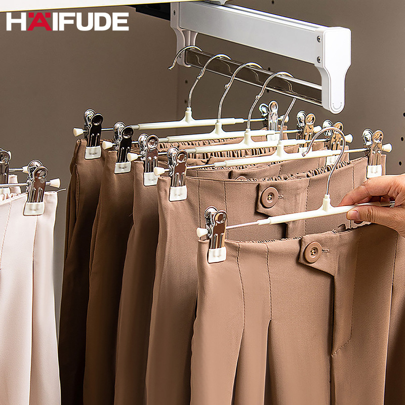 Dulap cu suport de pantaloni glisant, cu bară de haine telescopică și șină glisantă cu amortizor | Materiale: plastic, oțel inoxidabil, aliaj de aluminiu, oțel laminat la rece | Model CLKJ-1