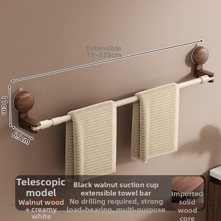 Държач за кърпи с вакуумно закрепване, антик стил, разтегателен за баня, орехово дърво + алуминий + ABS