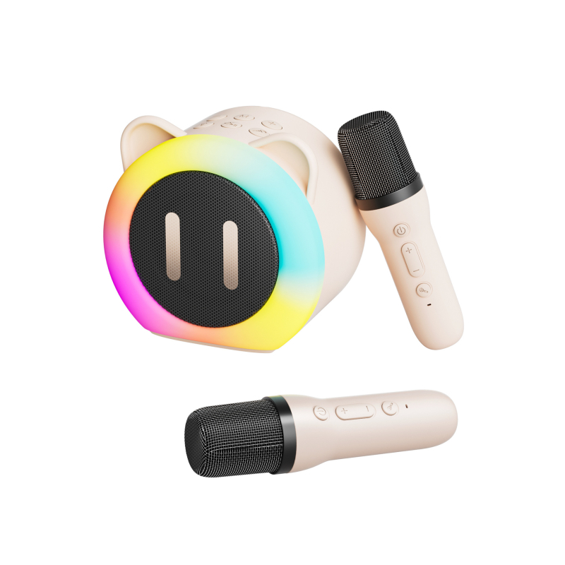 Microfon karaoke Bluetooth pentru copii – difuzor portabil (ieșire 5W, Bluetooth 5.3, baterie încorporată 1000–1200 mAh, răspuns în frecvență 100 Hz–20 kHz, rază 10 m)