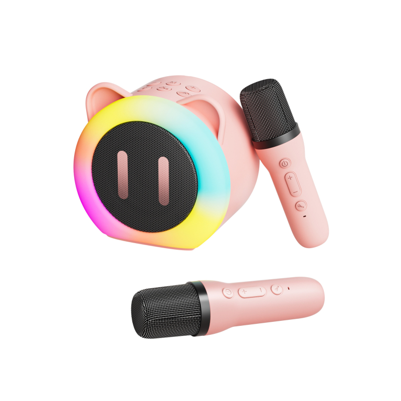 Microfon karaoke Bluetooth pentru copii – difuzor portabil (ieșire 5W, Bluetooth 5.3, baterie încorporată 1000–1200 mAh, răspuns în frecvență 100 Hz–20 kHz, rază 10 m)