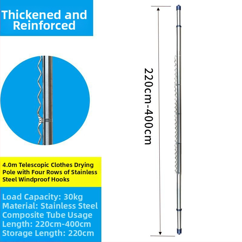 Rozsdamentes acél vastagított teleszkópos ruhaszárító rúd erkélyre, felső szerelés, fúrás nélkül