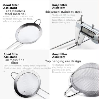 Rozsdamentes acél szűrőkanál finom hálóval – konyhai szűrő lisztnek, gyümölcsléhez és szója tejéhez, csúszásmentes, égésbiztos, egy kampóval