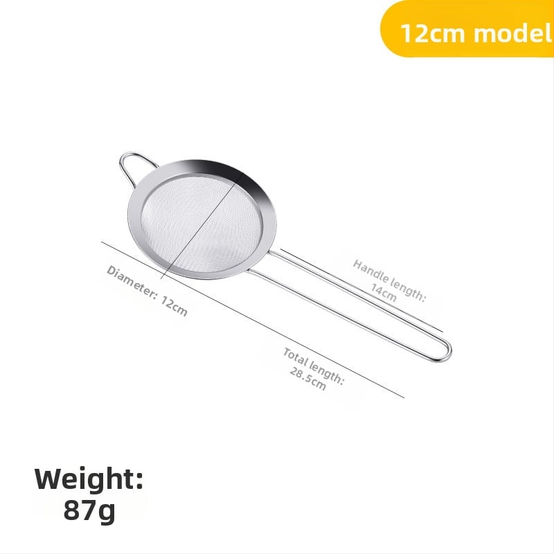 Rozsdamentes acél szűrőkanál finom hálóval – konyhai szűrő lisztnek, gyümölcsléhez és szója tejéhez, csúszásmentes, égésbiztos, egy kampóval